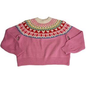 Old Navy Pink with Hearts Fair Isle Crew Neck Sweater Girl’s Size L (10-12)